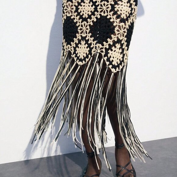 Black and White Party Women's Contrast Color Crochet Knit Sweater Dress - Picture 6 of 8